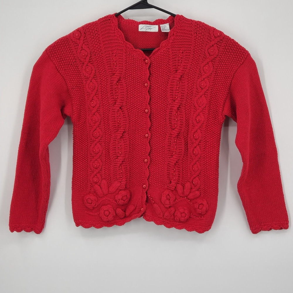 Vtg Red Cable Knit Heavy Cardigan Beaded Floral Academia Button Closure Medium